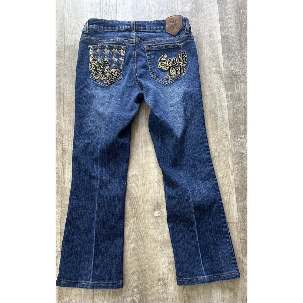 SouthPole Jeans Blue Denim Y2k Stretch Gold Bling Embroidered Pocket‎ Sz 14